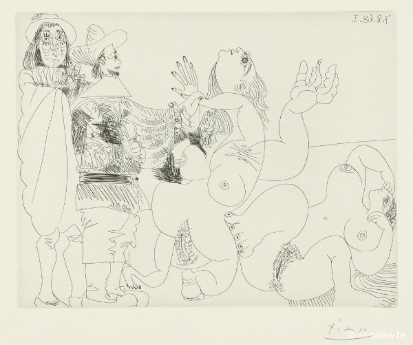 Picasso Pablo - Jeune seigneur fantoche avec un reître, et deux femmes nues